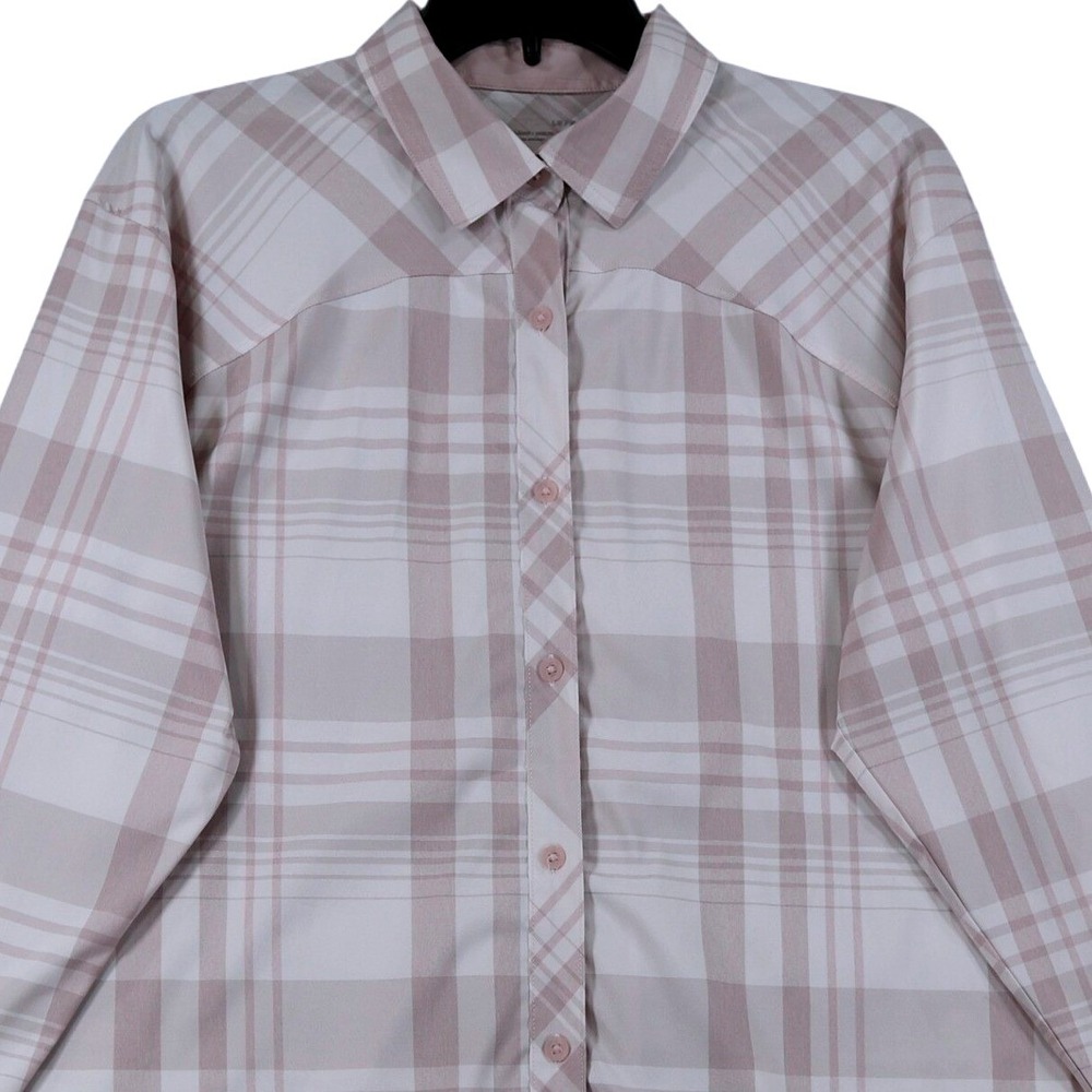 Under Armour Plaid Button Down Shirt Womens L Pink Tan HeatGear Hiking Outdoor